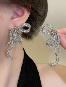  1pair Full Diamond Ribbon Bow Stud Earrings, Light Luxury Design Ear Jewelry