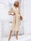 Solid Ruched Front Batwing Sleeve Dress