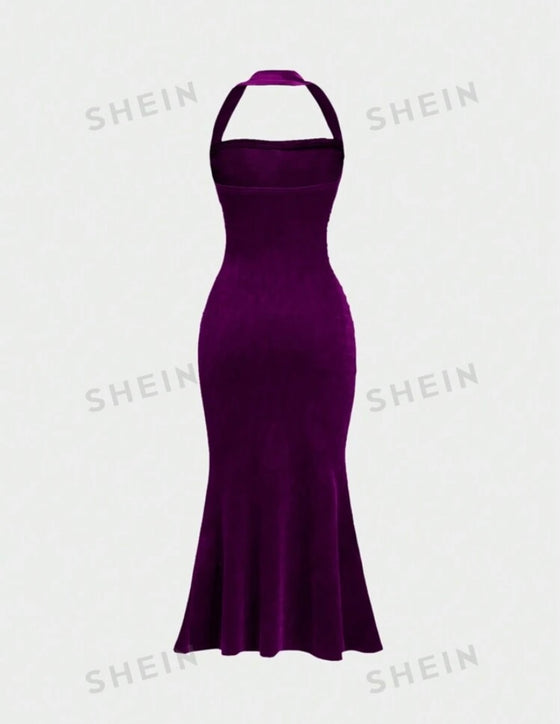 Sleeveless Halter Neck Pleated Fish Tail Hem Dress