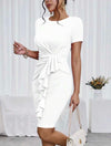 Privé Solid Ruched Waist Draped Ruffle Front Dress