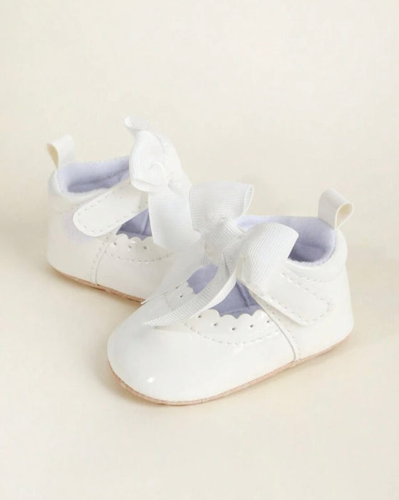 1pair Baby Girls' Solid Color Butterfly Knot Pu Magic Tape Single Shoes, For 0-12Months Infant, Soft Antiskid Soles Princess Style Spring And Autumn