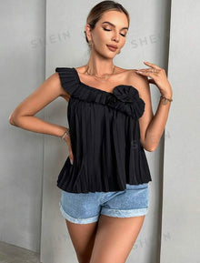  One Shoulder Ruffle Trim Pleated Blouse