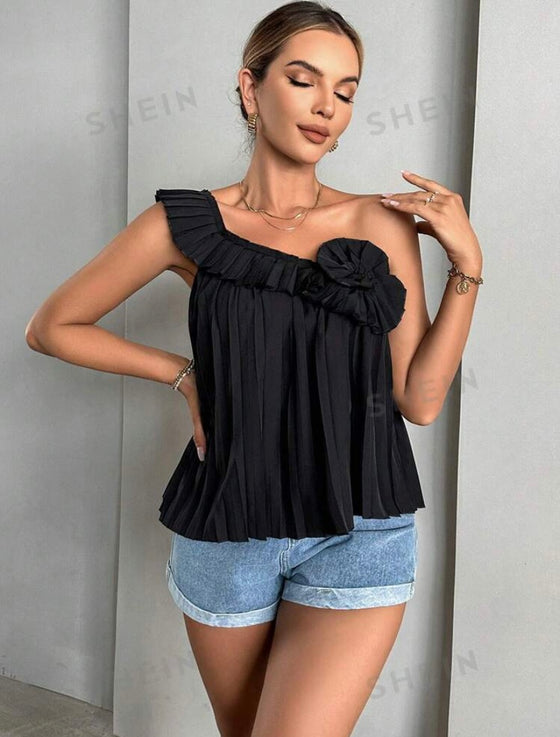 One Shoulder Ruffle Trim Pleated Blouse