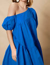 Asymmetrical Neck Puff Sleeve Ruffle Hem Smock Dress