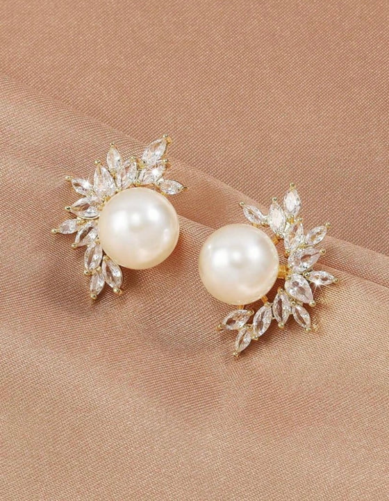 2pcs Fashionable Cubic Zirconia & Faux Pearl Decor Stud Earrings