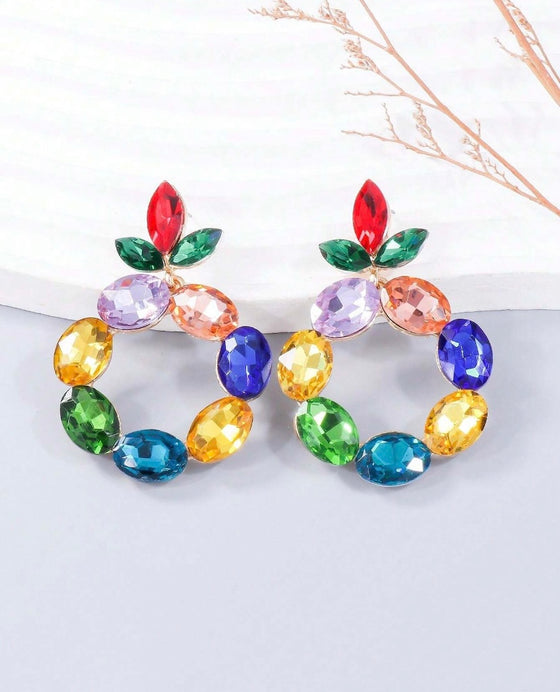 1pair Colored Rhinestone Circle Earrings For Women