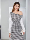 Asymmetrical Neck Gingham Ruffle Trim Dress