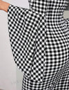 SHEIN Clasi Women's Wrap Bodycon Dress With Flounce Hem, Off Shoulder, Seven-Point Sleeve, Black And White Grid Pattern, Slim And Elegant