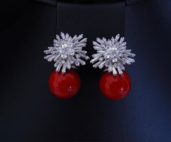 Fashion OL Style Silver Color Cubic Zirconia Setting Large Flower Stud Earrings with Pearls Jewelry