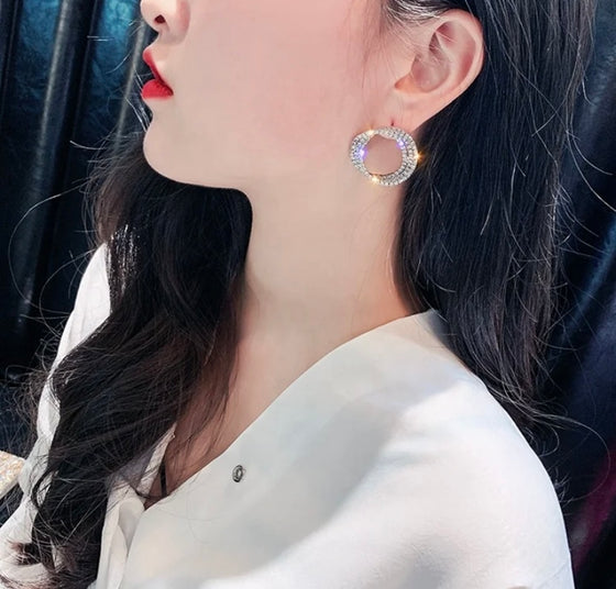 Korean Style Small Circle Stud Earrings Luxury Gold Silver Color Fashion Rhinestone Earring