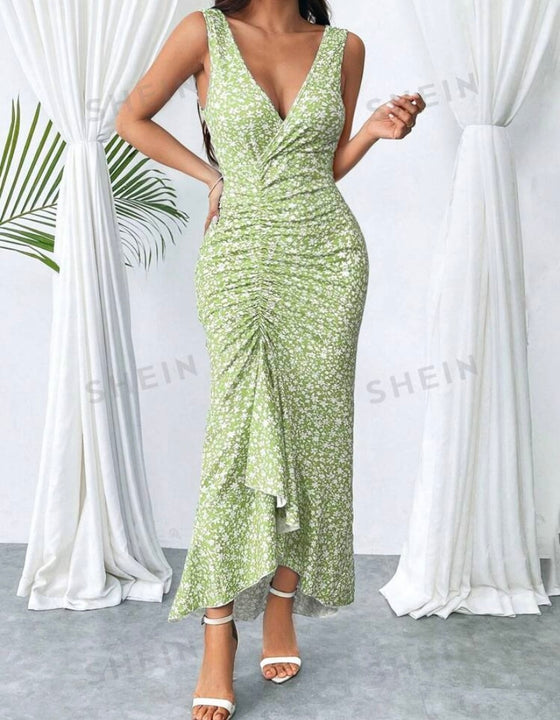 Fashionable Printed High Waist Mermaid Hem Dress