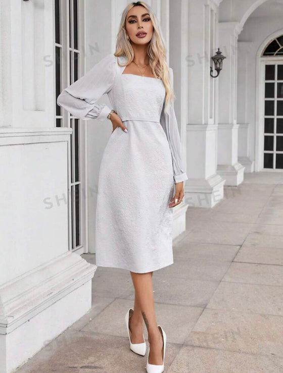 Square Neck Flounce Sleeve Dress