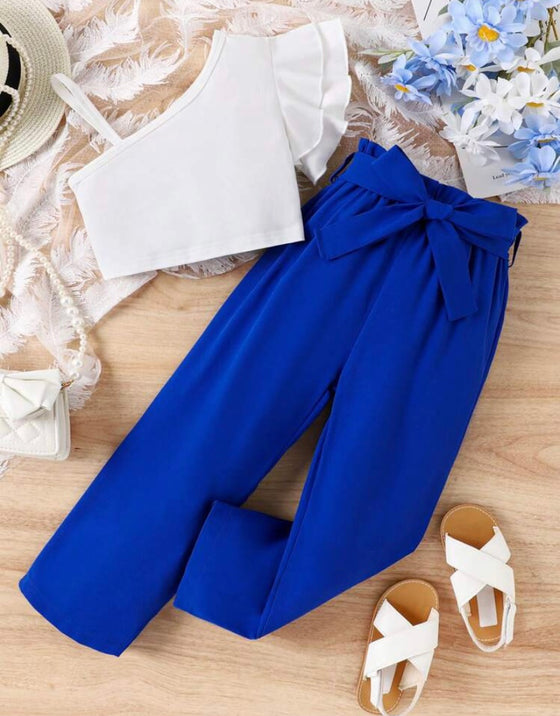 Young Girl One Shoulder Ruffle Trim Top & Paperbag Waist Pants