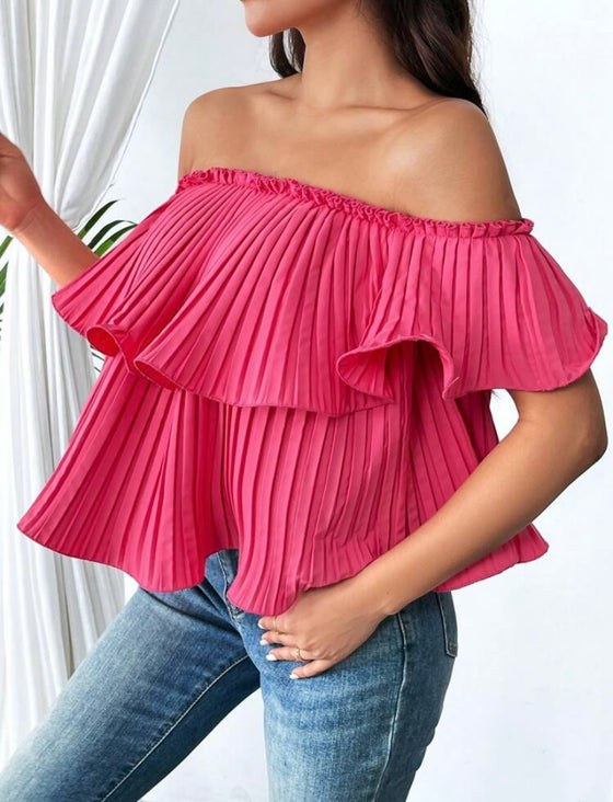 Rose-Carmine Versatile To Multiple Outfits Women's Off-Shoulder Pleated Blouse
