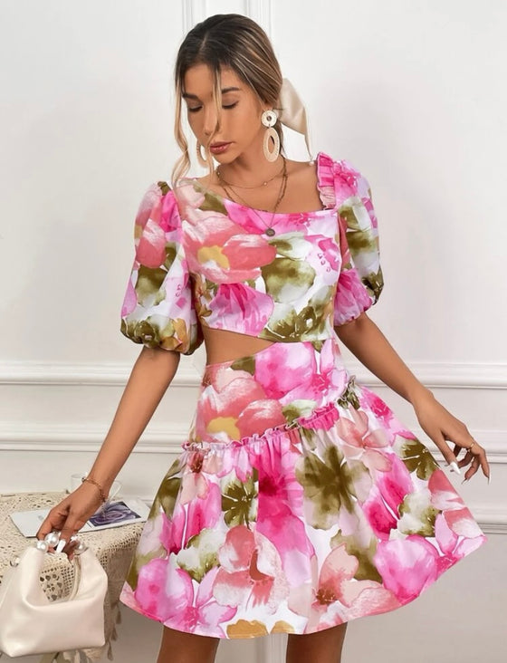 Floral Print Cut Out Waist Puff Sleeve Ruffle Hem Dress