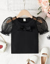 Toddler Girls Contrast Mesh Puff Sleeve Bow Front Tee