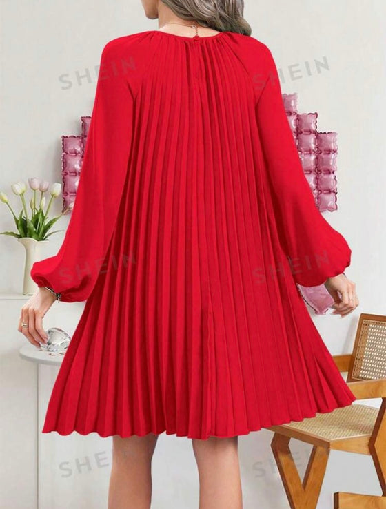 Lantern Sleeve Pleated Detail Dress