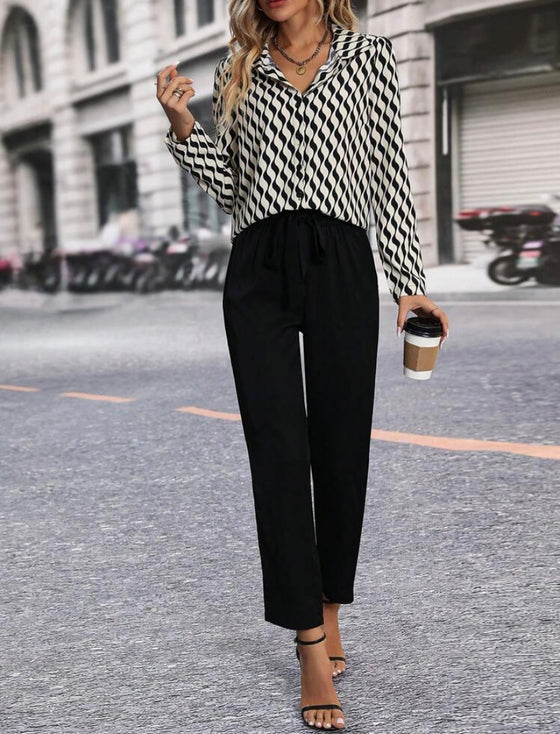 Allover Print Blouse & Tie Front Pants