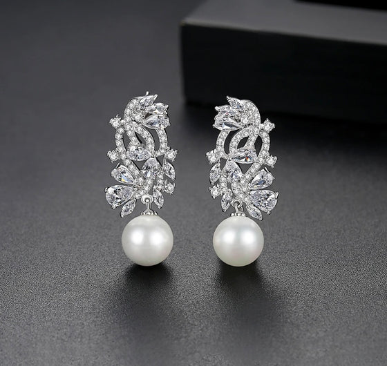 cubic zirconia stud gold pearl earrings for girls wedding party