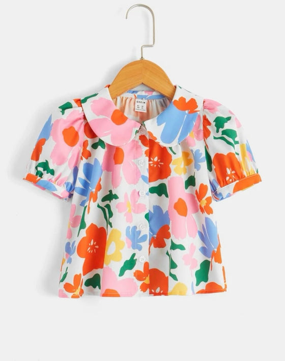 Kids SUNSHNE Toddler Girls Floral Print Peter Pan Collar Puff Sleeve Blouse