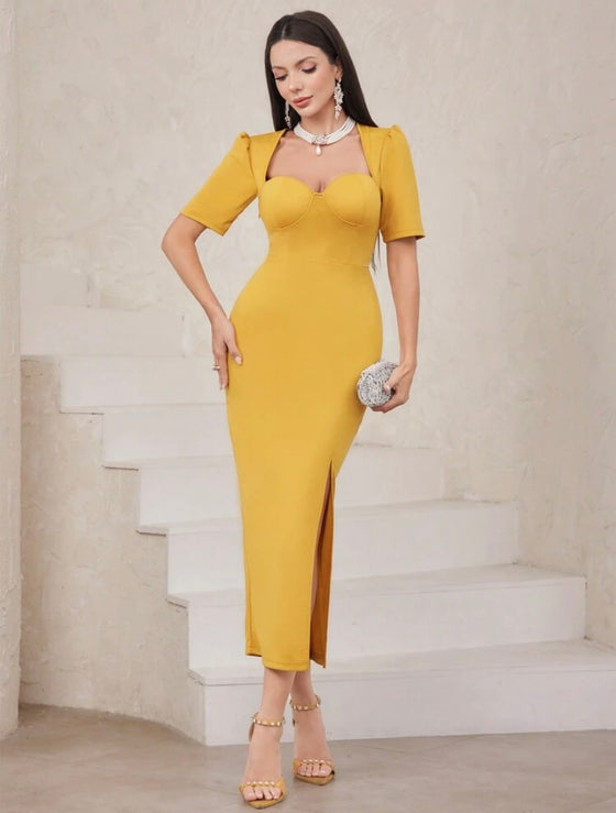 Solid Color High Slit Dress With Sweetheart Collar