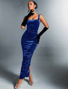  Split Back Ruched Velvet Bodycon Dress