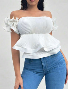  Off Shoulder Ruffle Trim Peplum Blouse