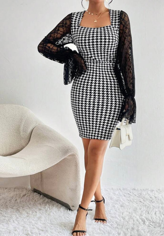 Houndstooth Print Flare Sleeve Square Neck Bodycon Dress