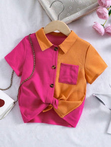  Young Girl Color-Blocked Elegant Vintage Minimalist Shirt With Turn-Down Collar And Regular Sleeves For Summer