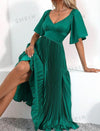 V-Neck Waist Cinched Elegant Ruffle Short Sleeve Pleated Dress