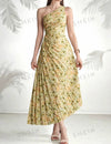 Asymmetric Neckline Floral Printed Pleated Sleeveless Summer Dress