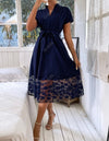 Dolman Sleeve Contrast Geo Mesh Belted Dress