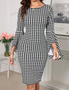 SHEIN Clasi Women's Wrap Bodycon Dress With Flounce Hem, Off Shoulder, Seven-Point Sleeve, Black And White Grid Pattern, Slim And Elegant