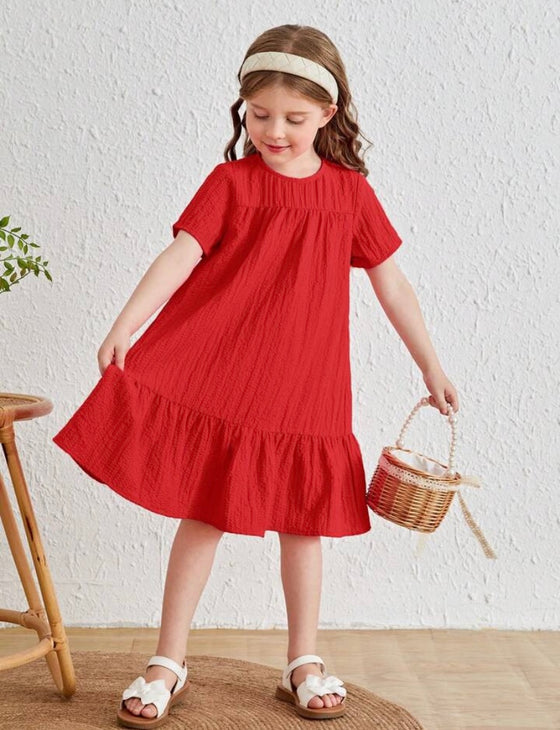 Solid Color Loose Fit Dress With Ruffle Hem, Suitable For Young Girls In Spring And Summer