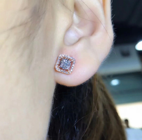 Bling Bling Hollow Round Gems Zircon Square Stud Earrings Girls rose gold Classic Earring Women