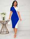 Elegant Color Block Blue And White Diamond Button Slim Fit Dress