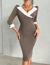 Color Block Bodycon Dress With Sharp Angle Lapel Collar