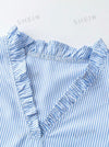 Blue & White Striped Flounce Hem Woven Casual Dress, V-Neck, Summer