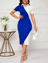 Elegant Color Block Blue And White Diamond Button Slim Fit Dress