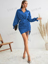 Flounce Sleeve Drawstring Front Ruched Side Dress