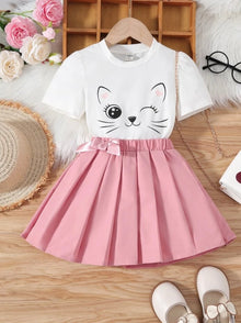  Kids QTFun Young Girl Cartoon Graphic Tee & Pleated Skirt