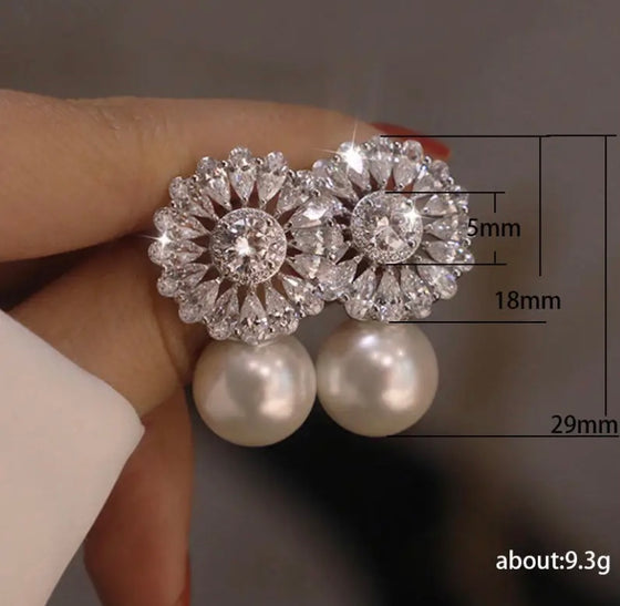 Delicate Flower Pearl Zircon Women Earrings High Quality Luxury Elegant Wedding Flower Zircon Pearl Stud Earrings