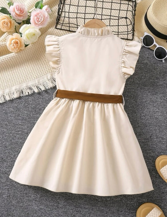 GIRLS Kids EVRYDAY Young Girl Elegant Khaki Solid Color Dress With Stand Collar And Ruffled Sleeves For Summer