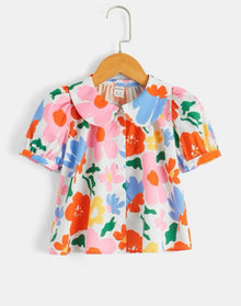  Kids SUNSHNE Toddler Girls Floral Print Peter Pan Collar Puff Sleeve Blouse