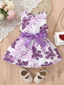  GIRLS Baby Tropical Print Keyhole Back Belted Dress