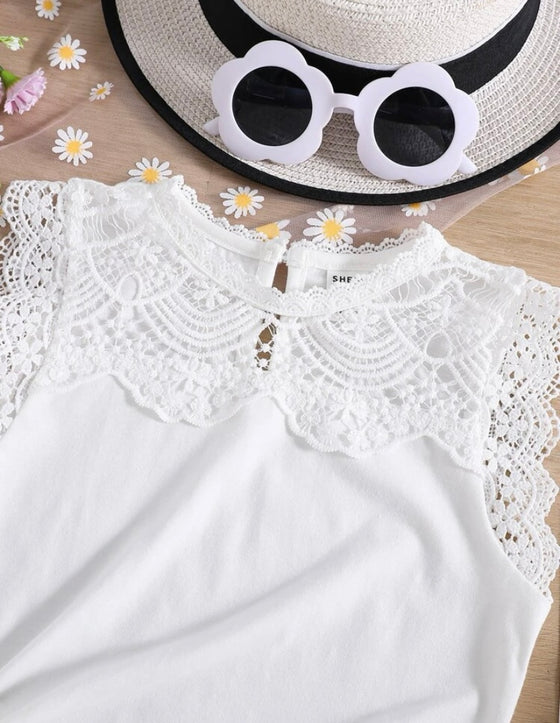 EZwear Young Girl Guipure Lace Panel Keyhole Back Tank Top