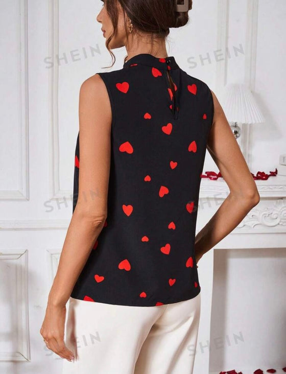 Hollow Out Heart Shaped Print Sleeveless Shirt