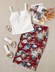  Privé Notched Neck Cami Top & Floral Print Skirt Set