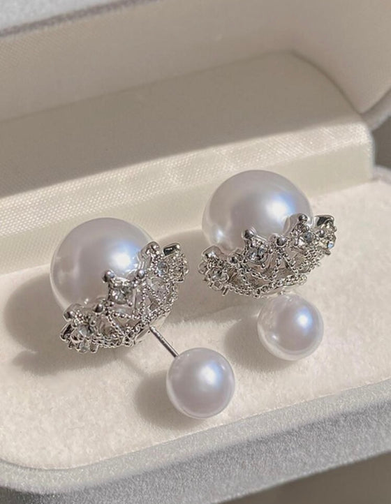 1pair Elegant & Smooth & Round Cultured Faux Pearl Stud Earrings With Little Diamonds