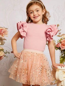  Kids CHARMNG Toddler Girls 1pc Ruffle Trim Contrast Sequin Ruffle Trim Blouse